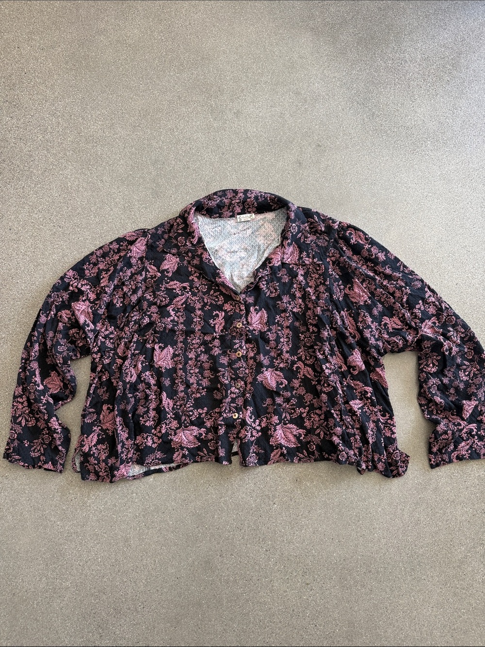 Free People Black Blouse with Pink Floral Damask